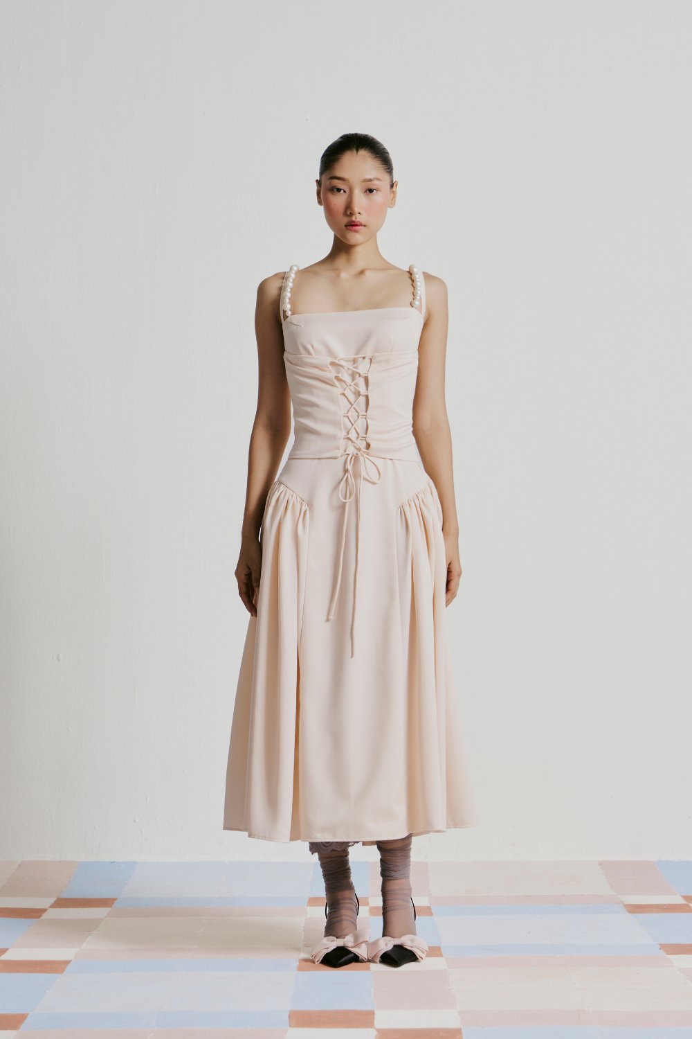 Baby Pink Pearl Strap Lace-Up Maxi Dress