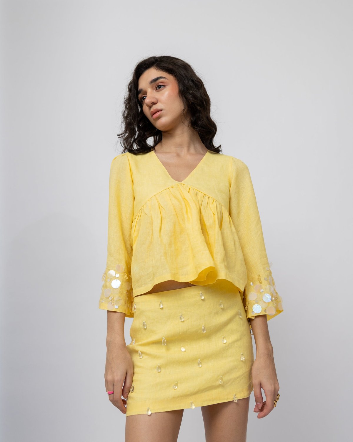 Butter Yellow Linen Low-Waist Mini Skirt with Crystal Drops