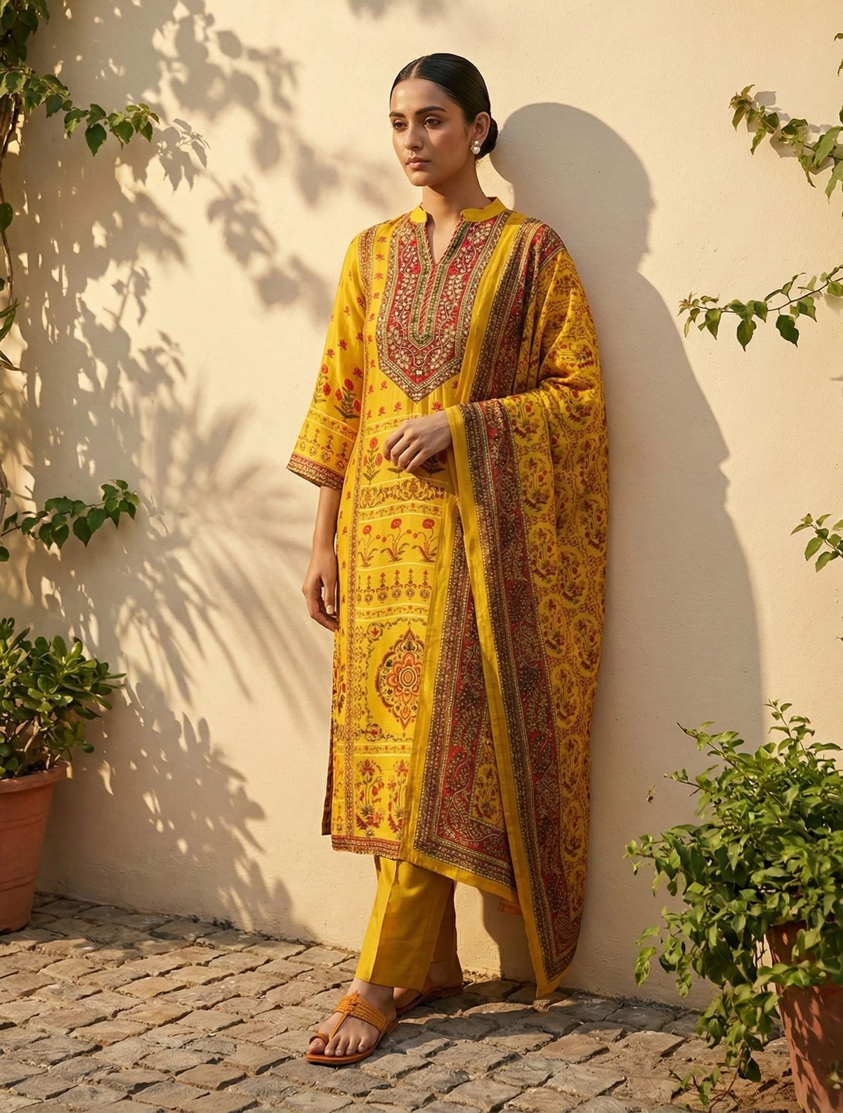 Floral Print Embroidered Kurta Pant Dupatta Set