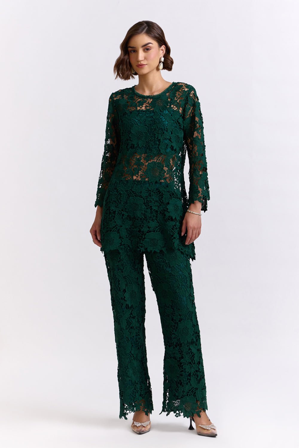 Green Lace Tunic Top and Wide-Leg Pants Co-ord Set
