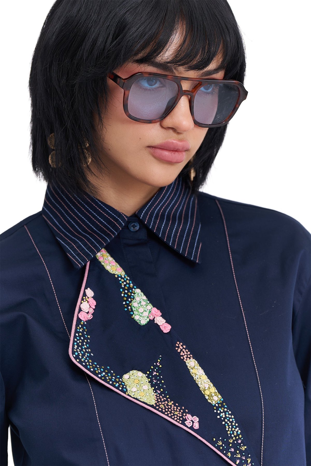 Navy Cotton Satin Shirt with Embroidered Overlap Panel