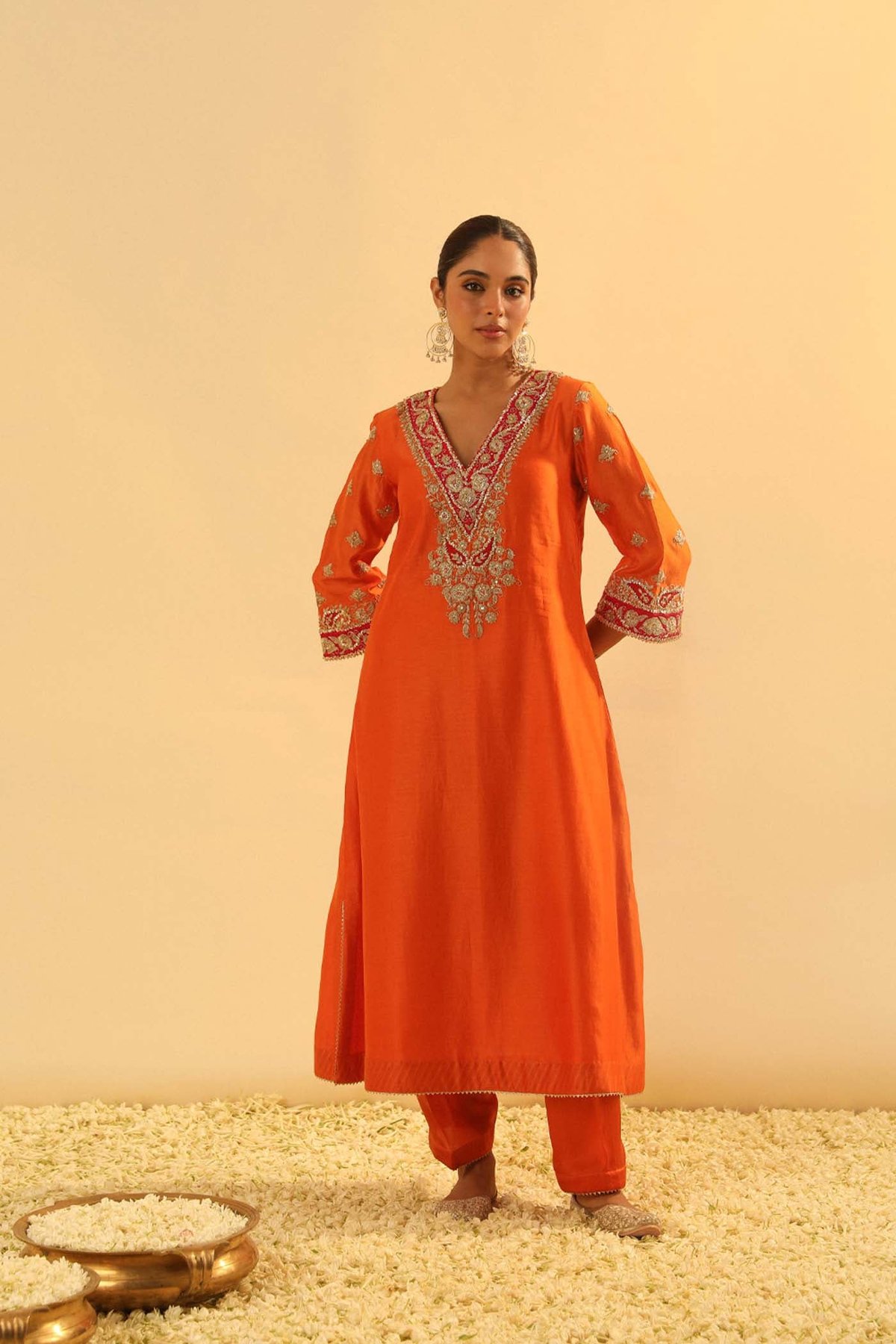 Orange A-Line Choga Kurta Set with Salwar