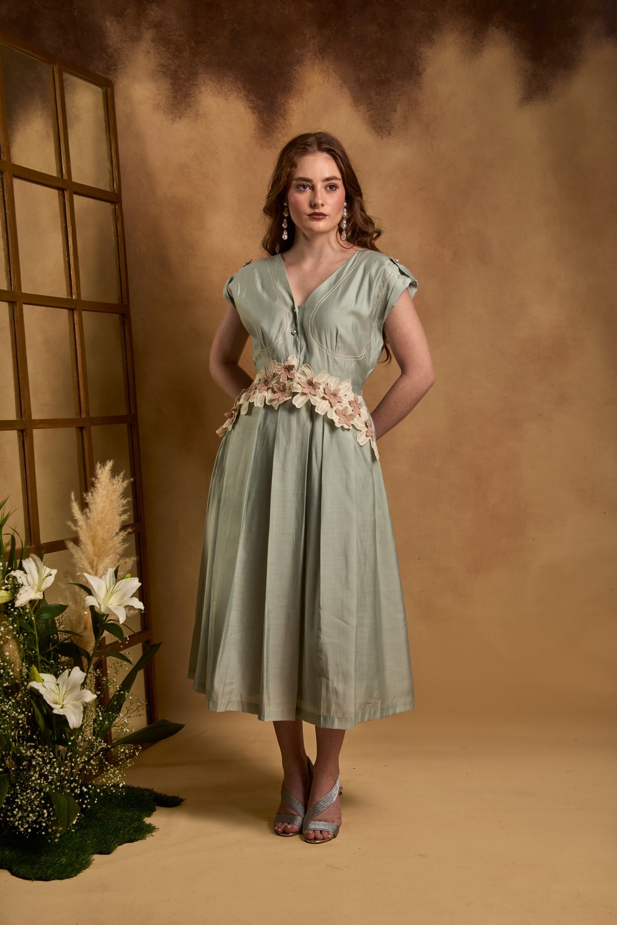 Seagreen Roman Silk Fit and Flare Midi Dress