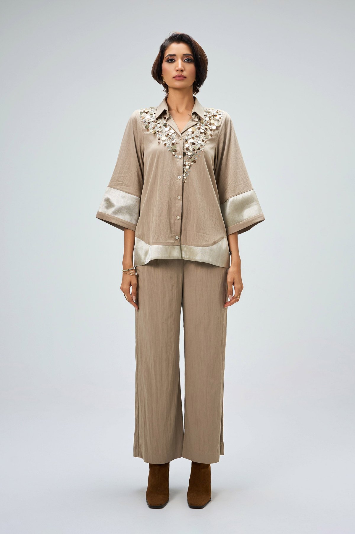 Taupe Sequin Neckline Shirt and Wide-Leg Pants Co-ord Set