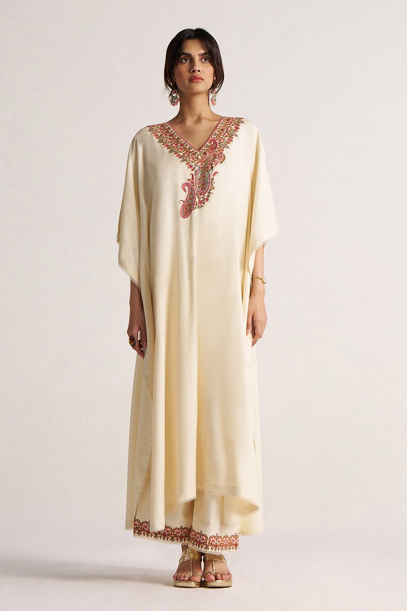 Antique White Embroidered Kaftan and Pant Co-ord Set