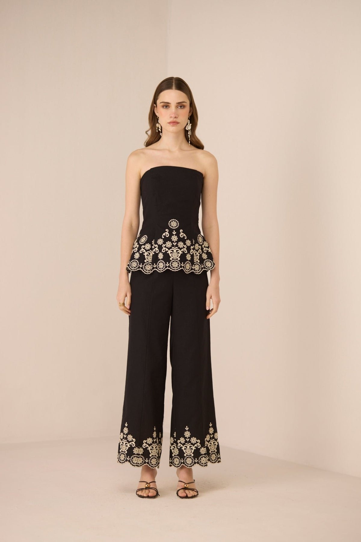 Black Wide-Leg Trousers with Embroidered Scallop Hem