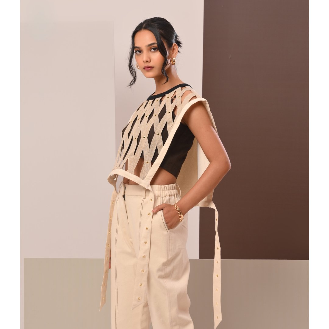 Beige and Black Open Lattice Cage Crop Top