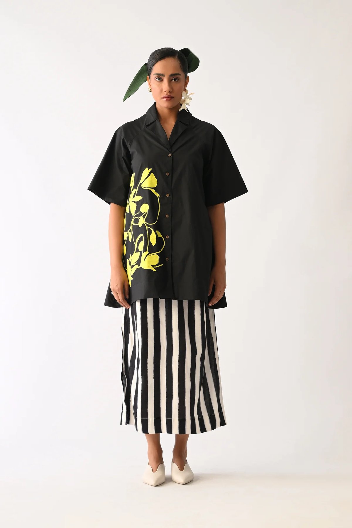 Mono Black Cuban Collar Applique Shirt
