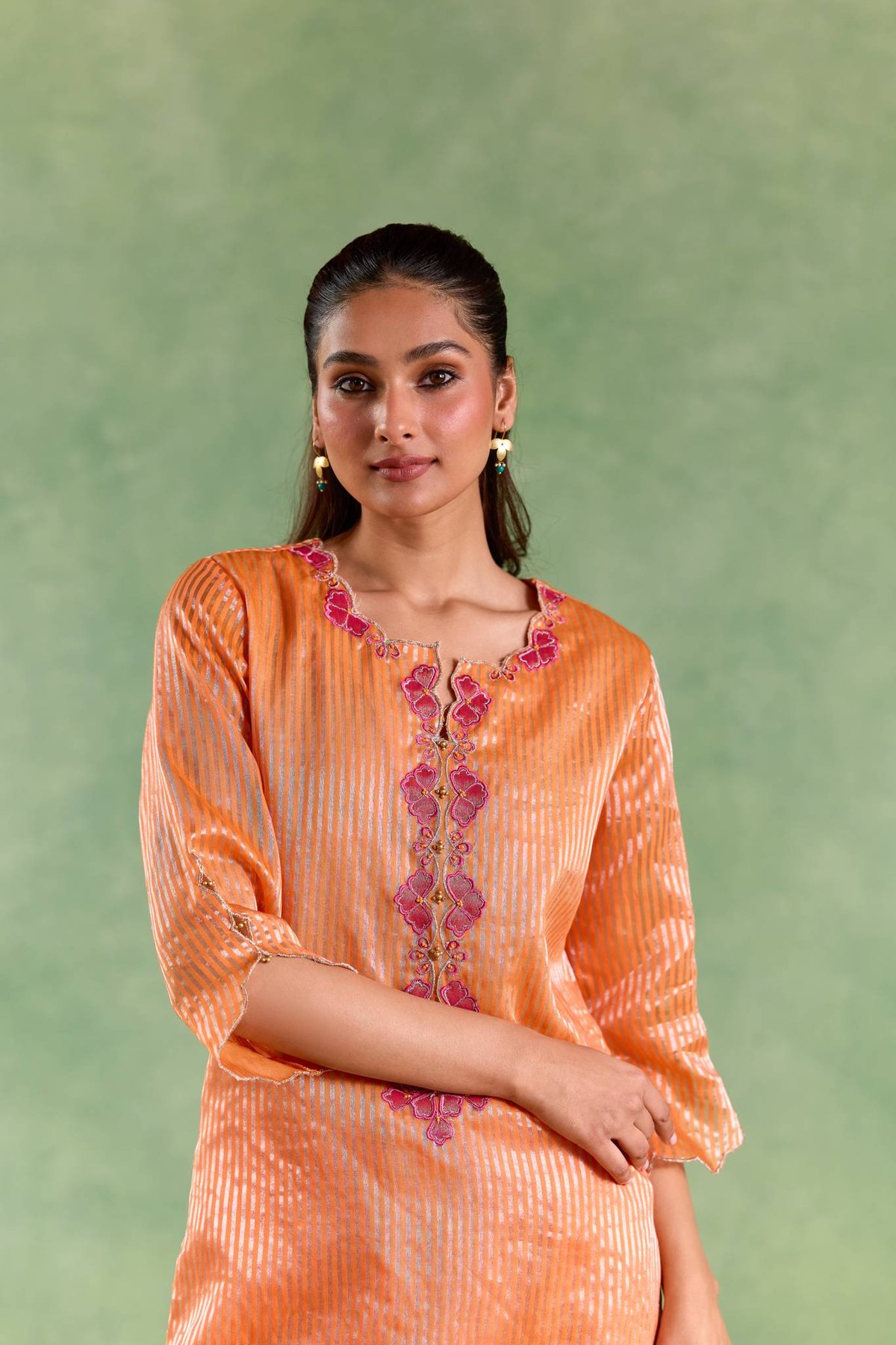 Orange Scallop Zari Kurta Pants - Set of 2