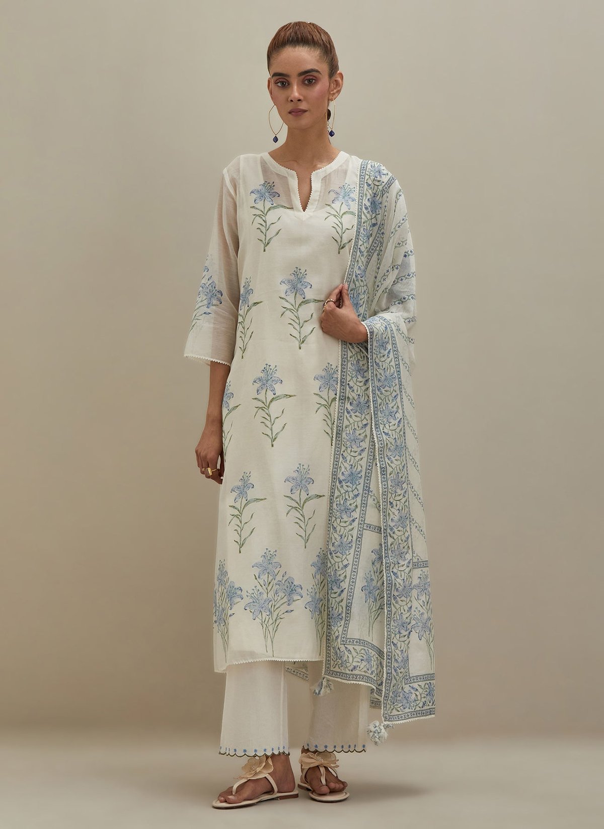 Off White Chanderi Straight Kurta Blocks Print