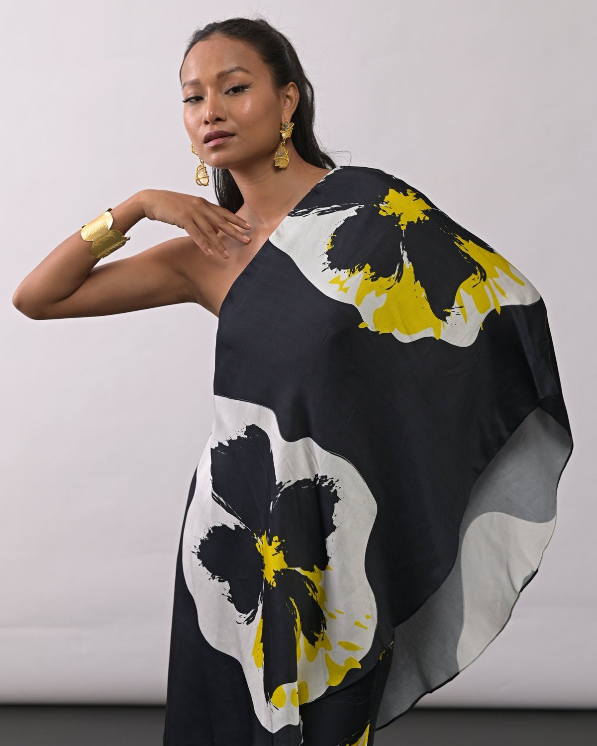 Black One-Shoulder Printed Modal Satin Draped Top