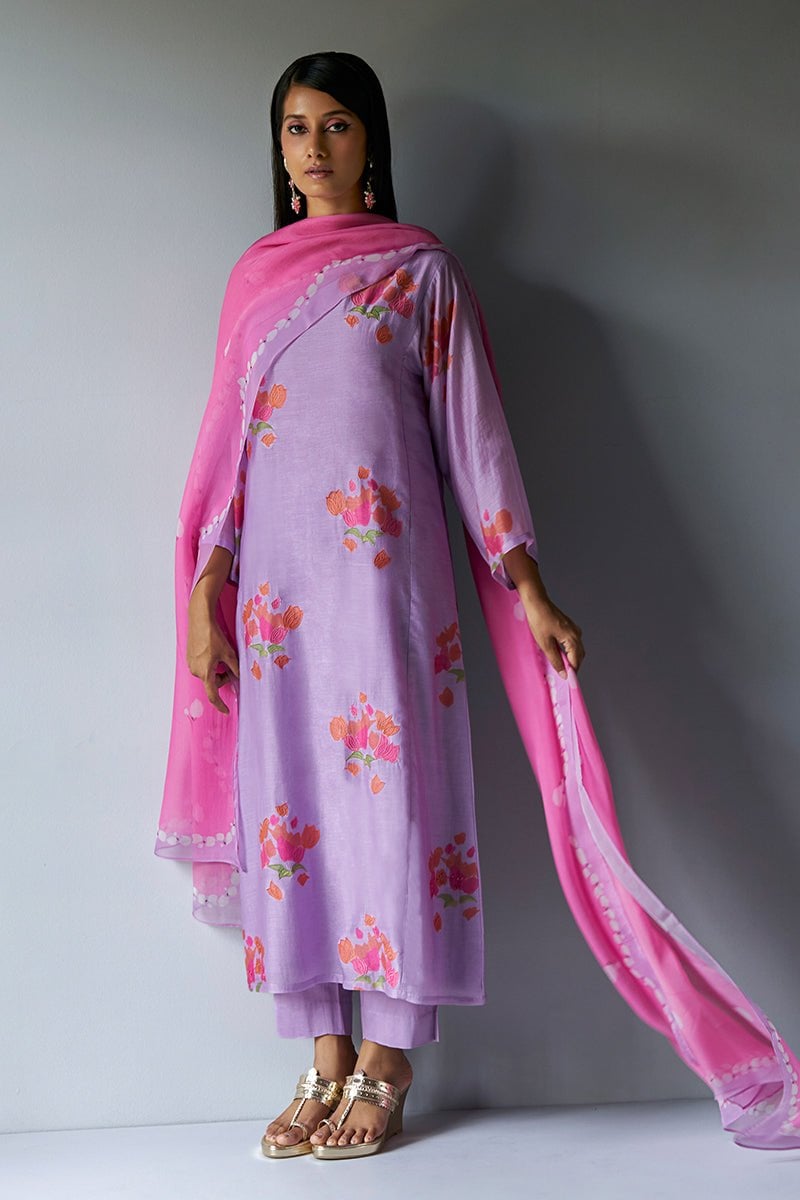 Lavender Floral Printed Kurta Set With Pink Dupatta
