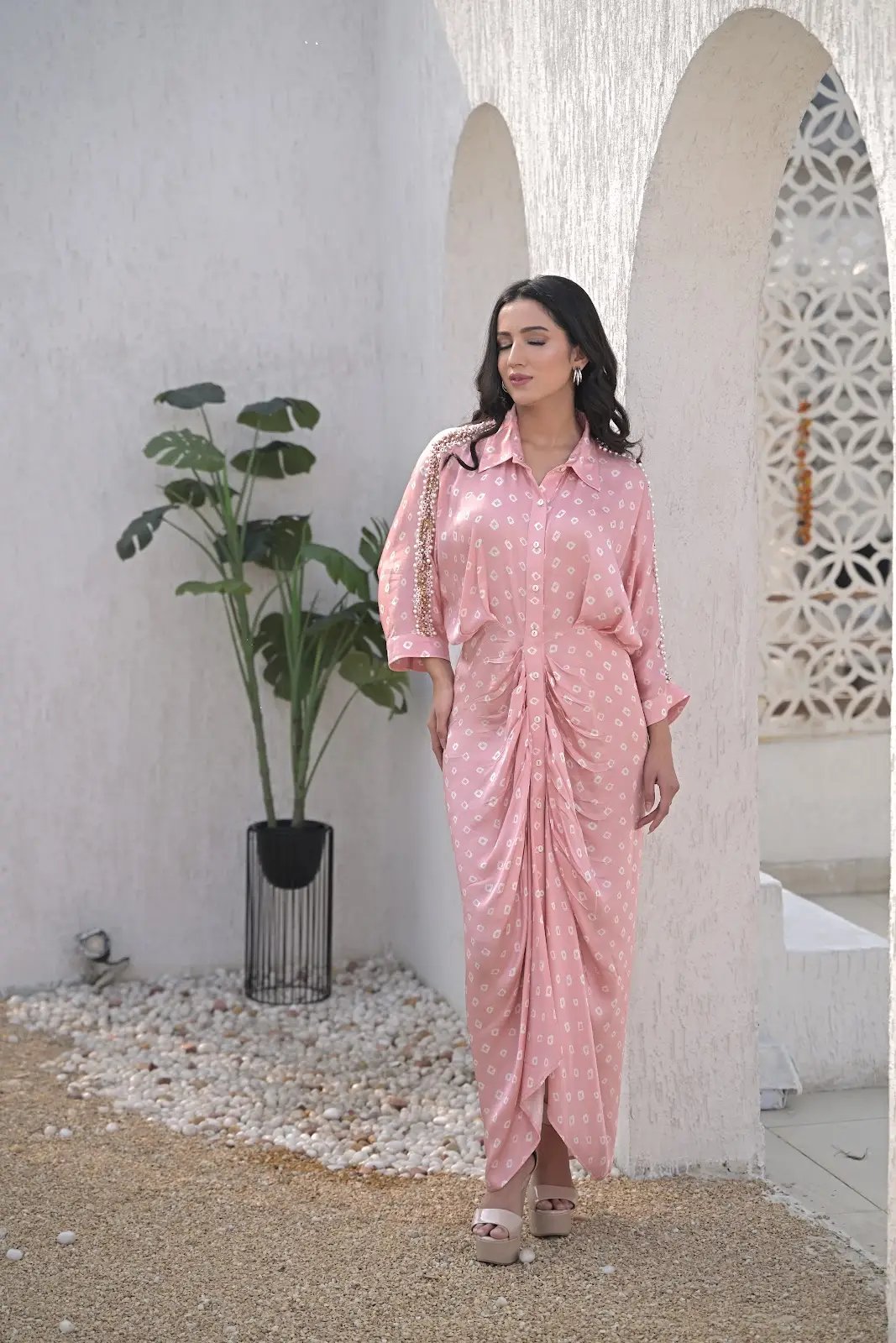 Powder Pink Printed Satin Draped Maxi Shirt Dress