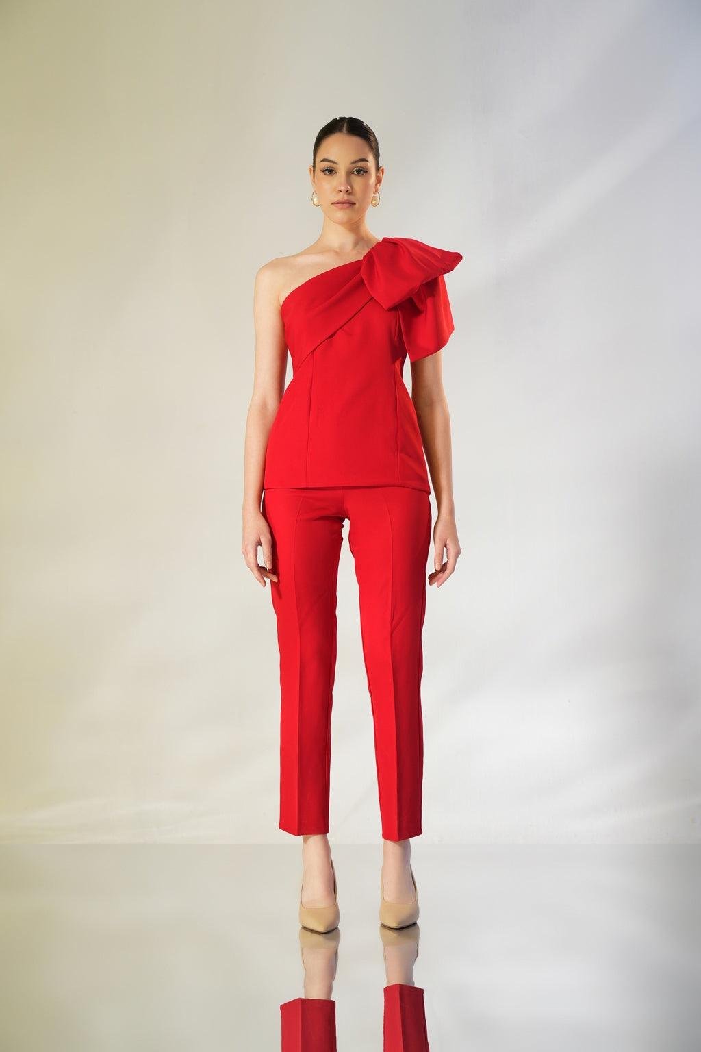 Red One-Shoulder Bow Co-ord Set with Straight Pants