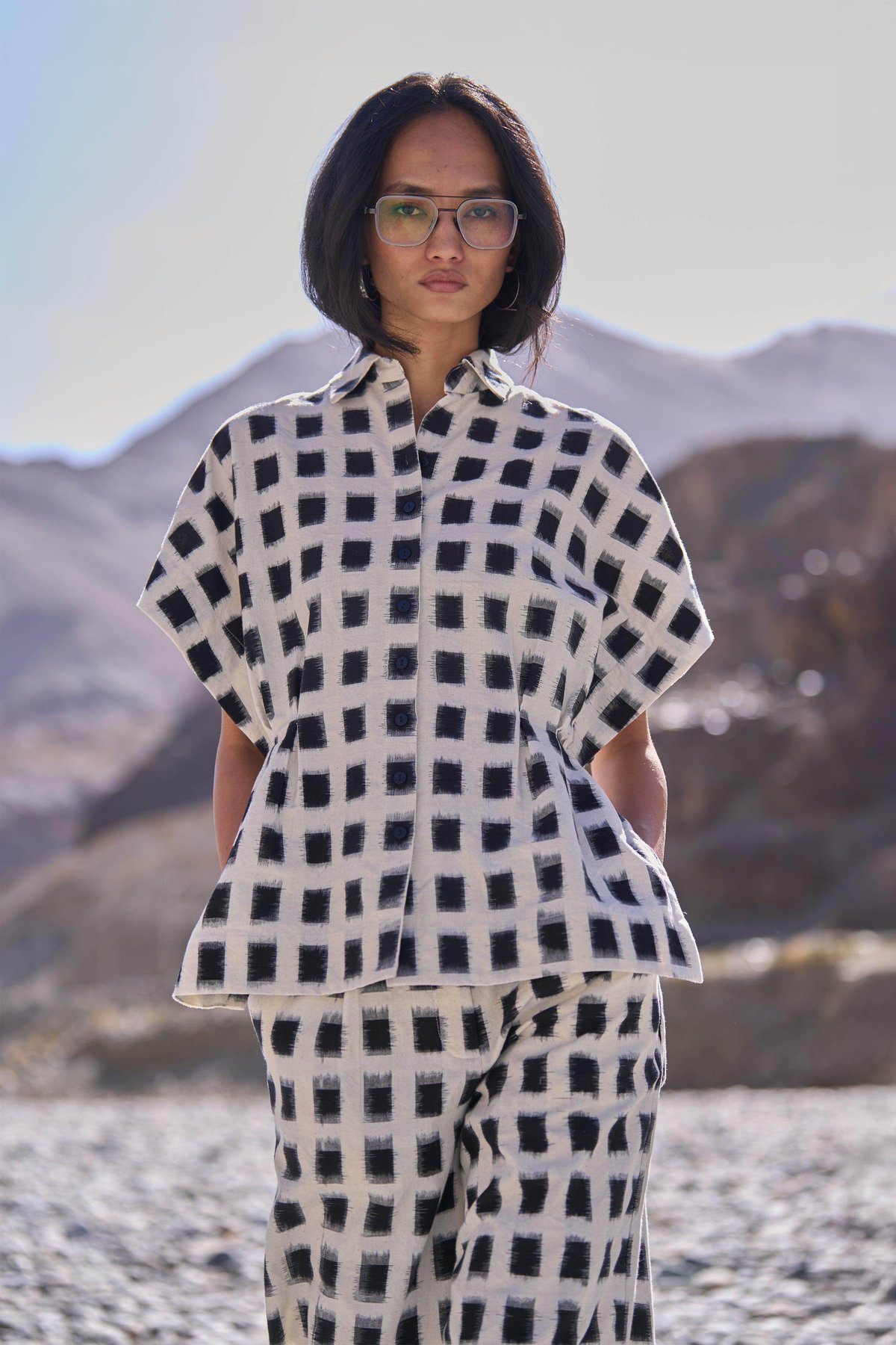 White/Black Ikat Box-Check Button-Down Shirt
