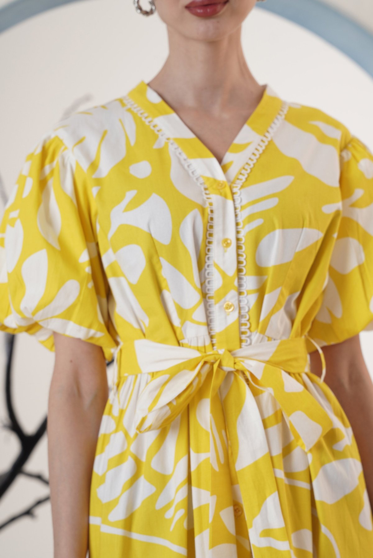 Yellow and White Floral Printed Belted Midi Dress