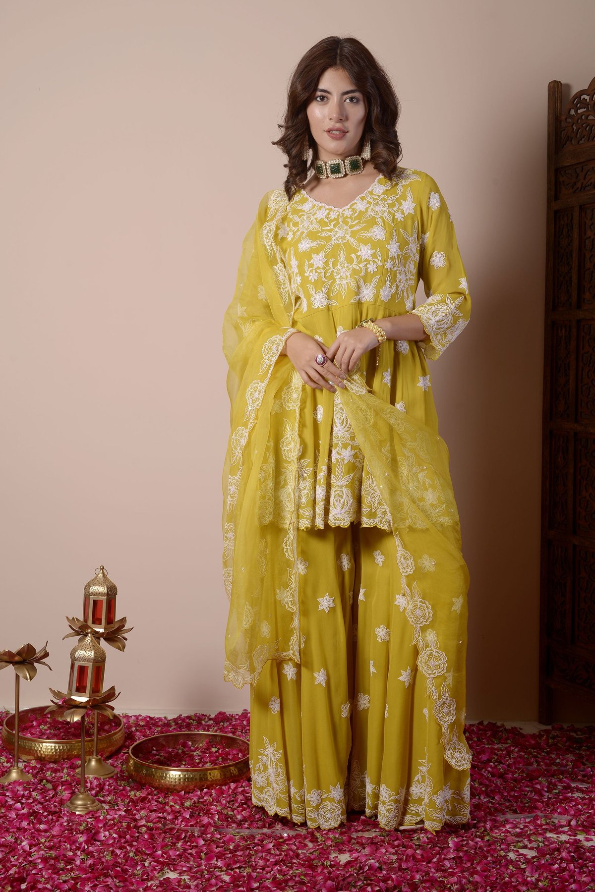 Mustard Yellow Embroidered Kurta Sharara Set with Dupatta