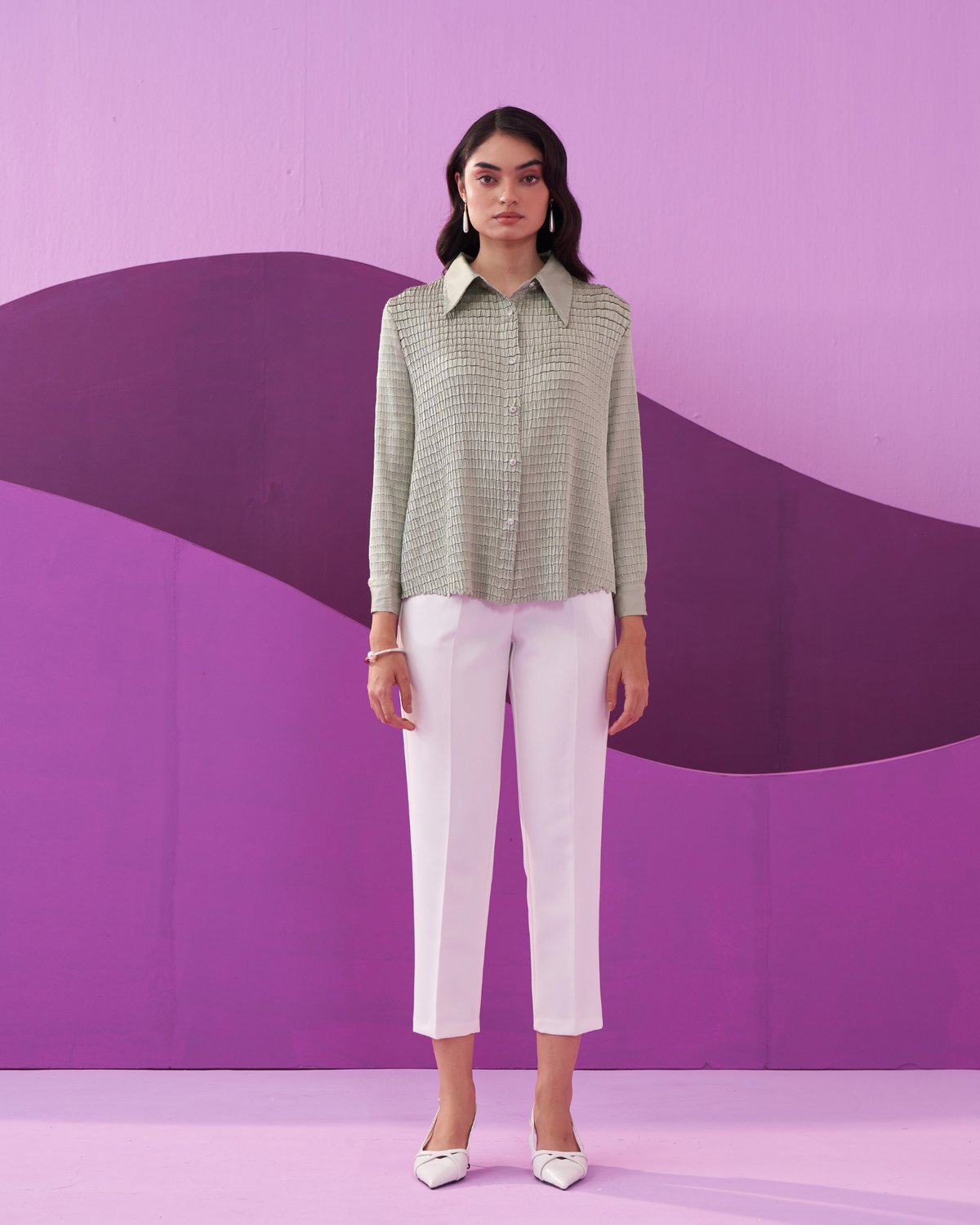 Mint Green Pleated Satin Button-Down Shirt Top