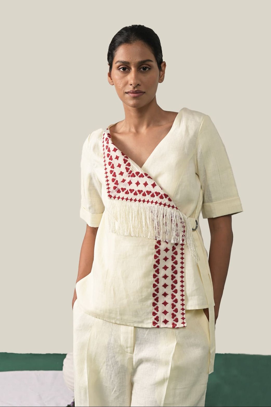 Off White Linen Wrap Top with Embroidery and Fringe