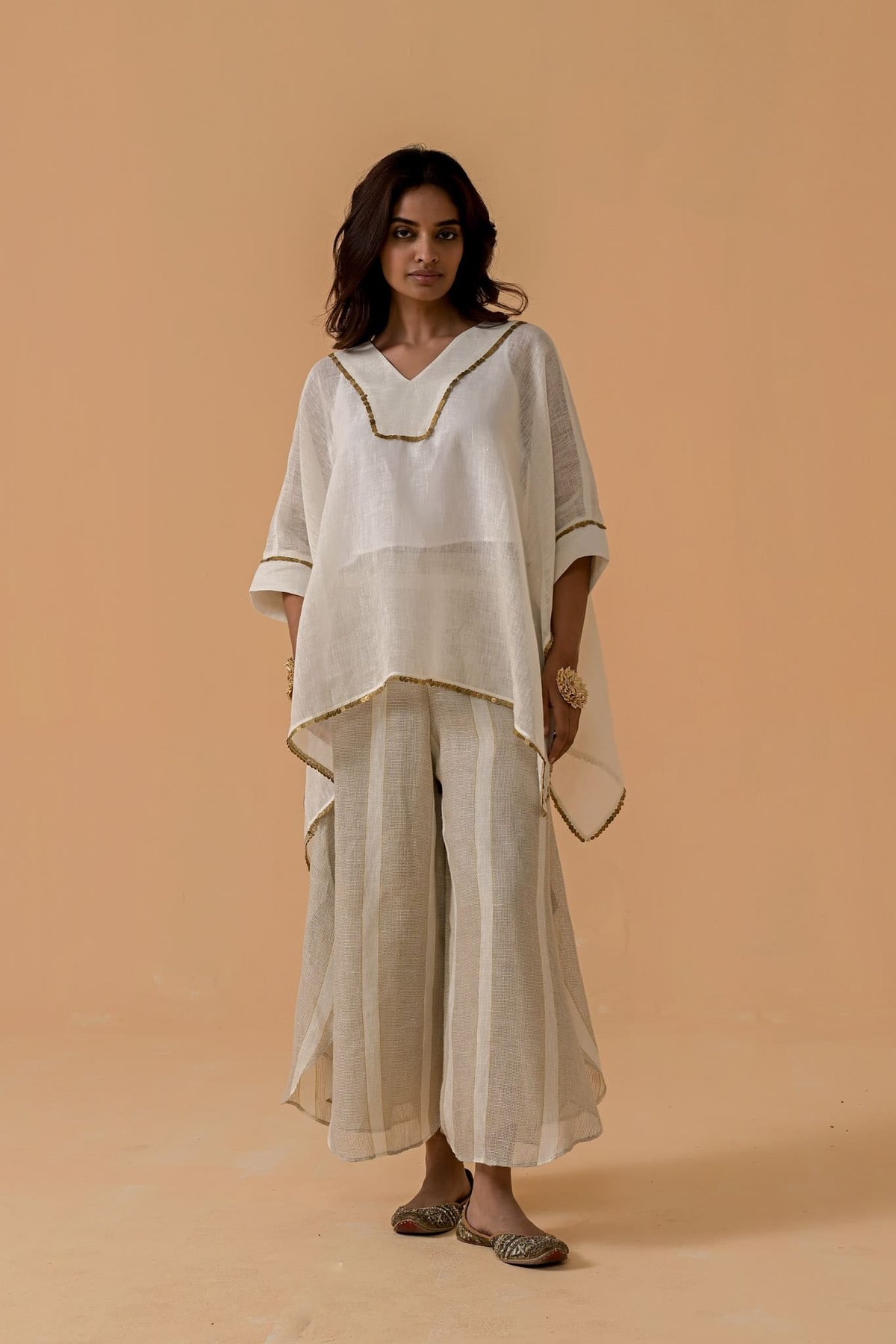 Off White Gauze Linen Cape with Gota Trim