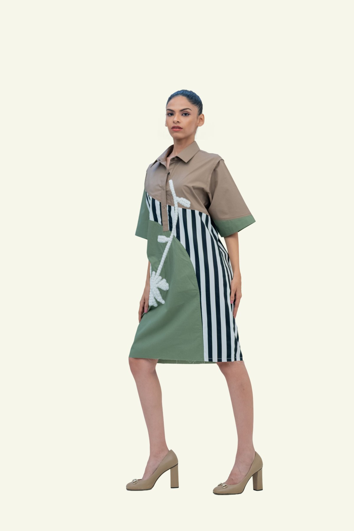 Olive Colorblock Cotton Shirt Dress with Floral Embroidery