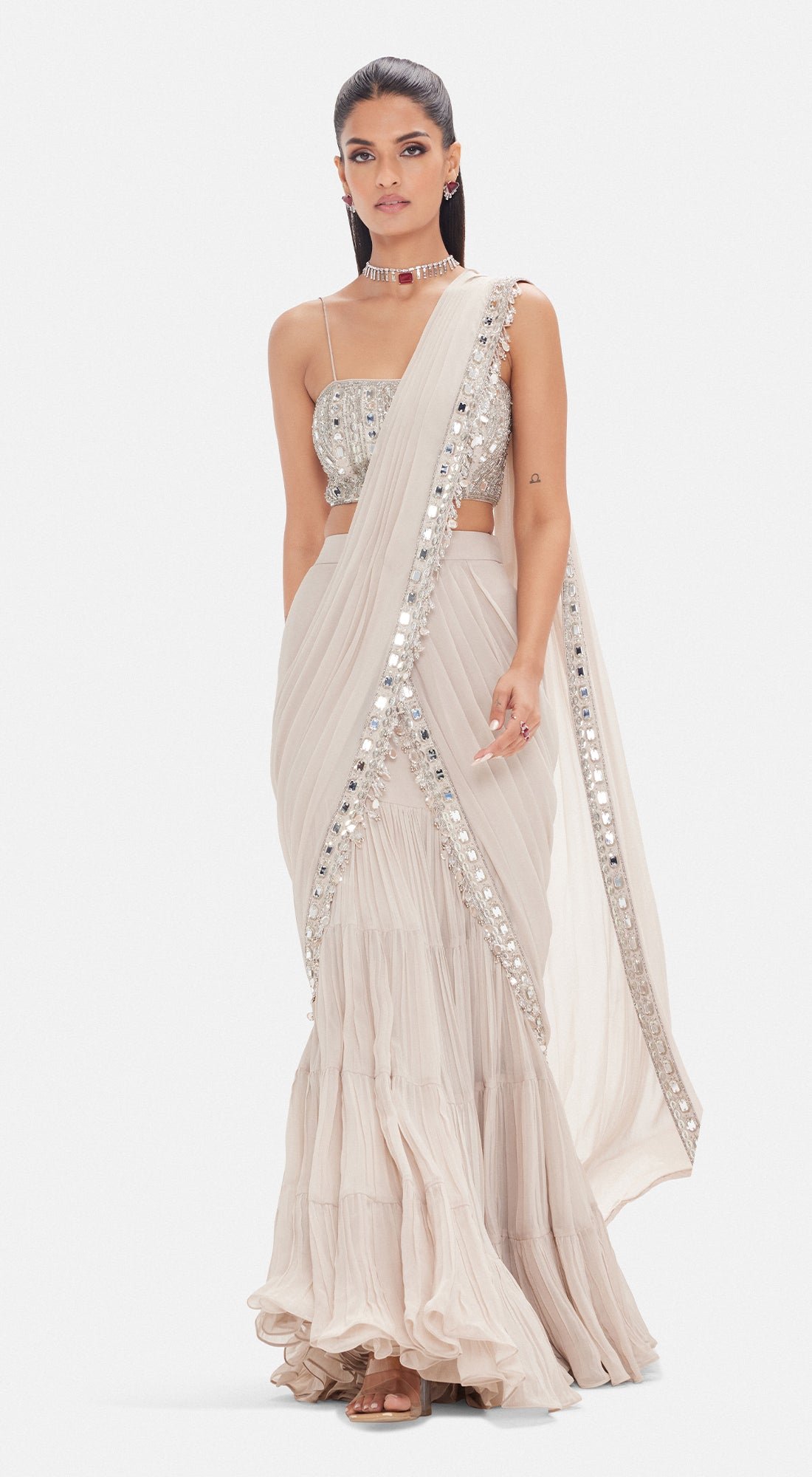 Gold Georgette Draped Saree Set with Embellished Cape