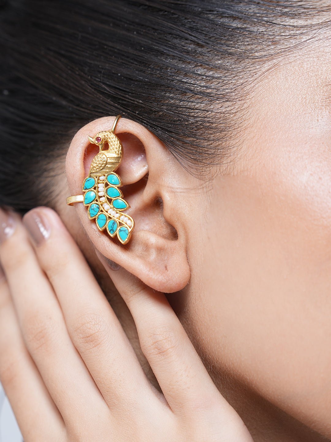 Designer Green Kundan Peacock Earcuff Earrings