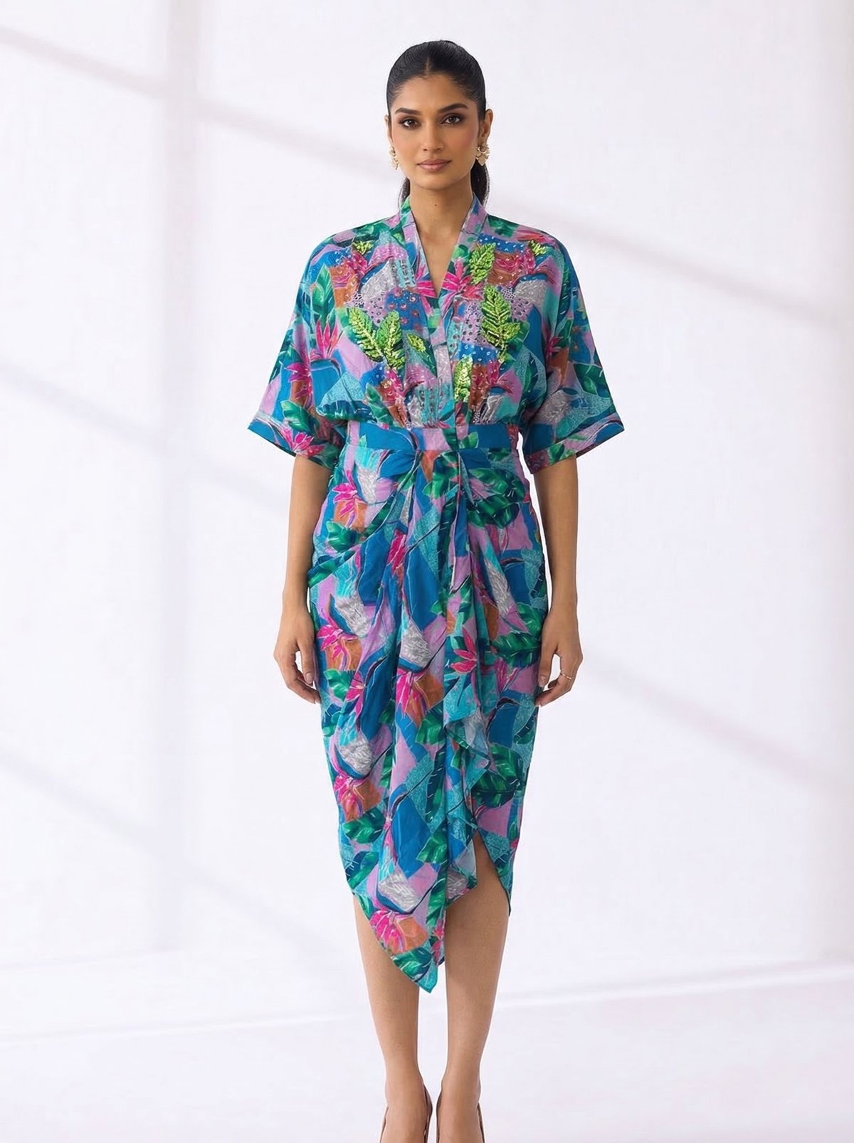 Turquoise Tropical Print Wrap Midi Dress