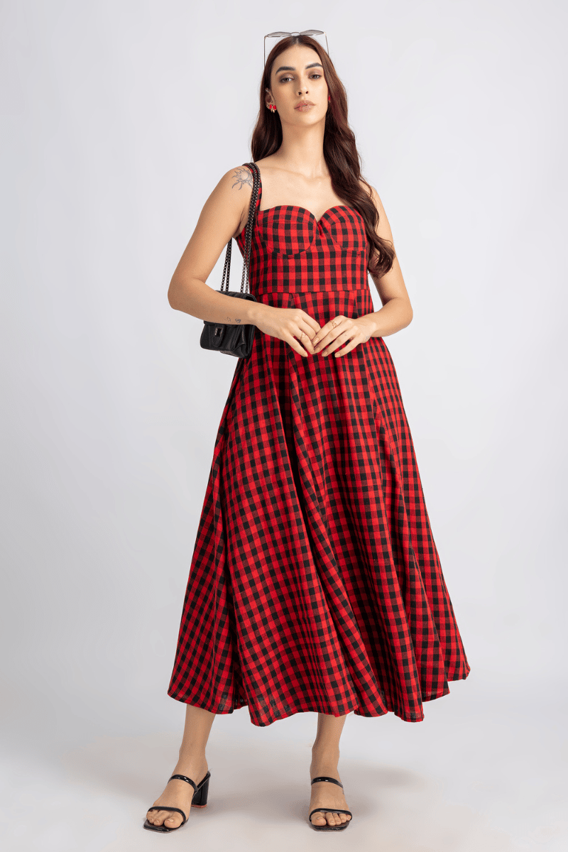 Crimson Check Fit and Flare Midi Dress