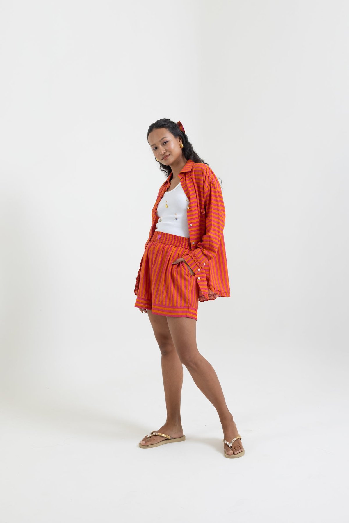 Orange and Pink Striped High-Waisted Shorts