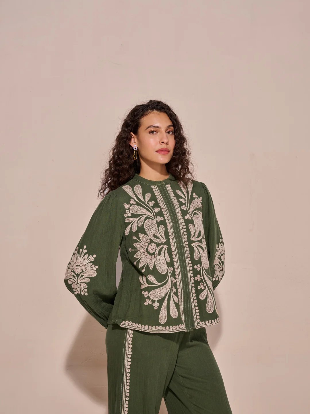 Olive Green Embroidered Mandarin Collar Cotton Top