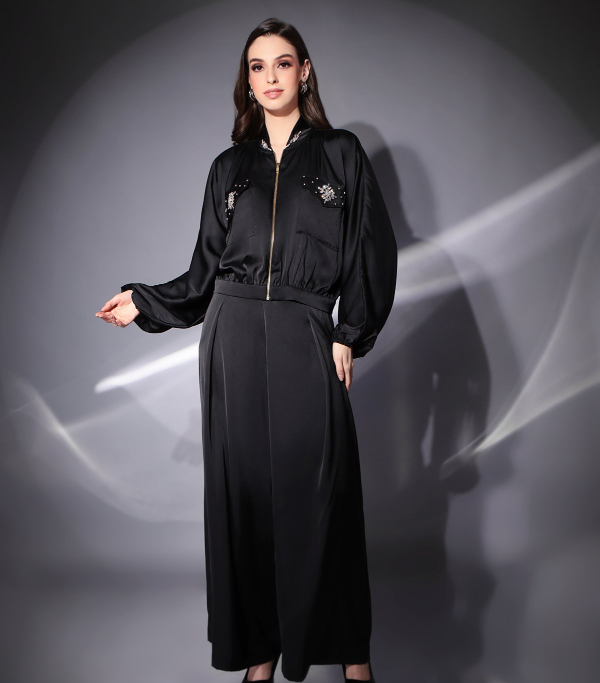 Black Satin Zip-Front Co-ord Set with Wide-Leg Trousers