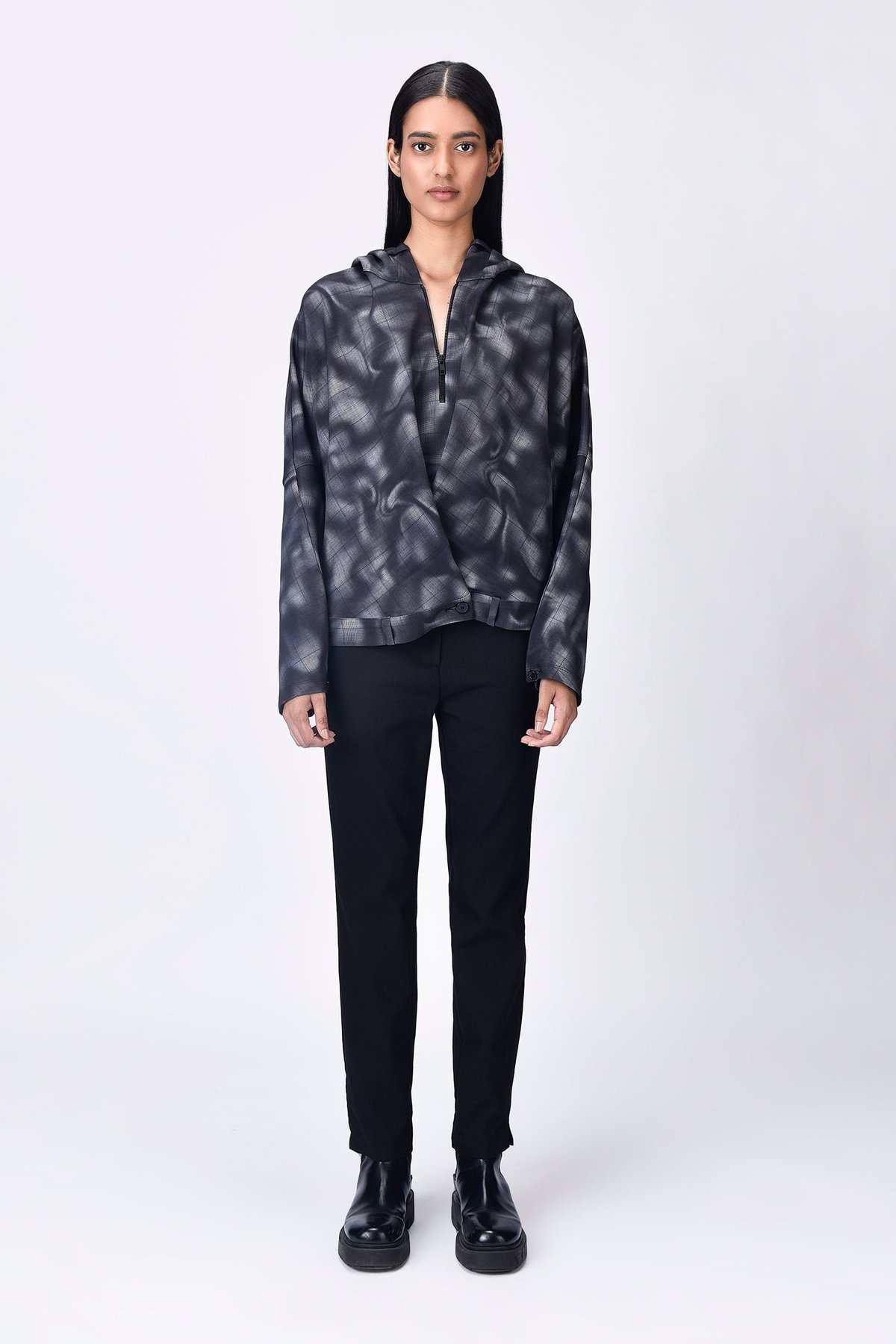 Grey Check Relaxed Fit Half-Zip Hooded Jacket