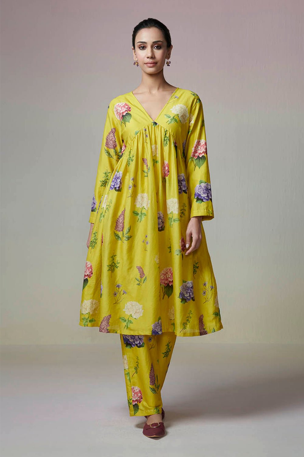 Lemon Yellow Floral Chanderi Kurta Set with Pants