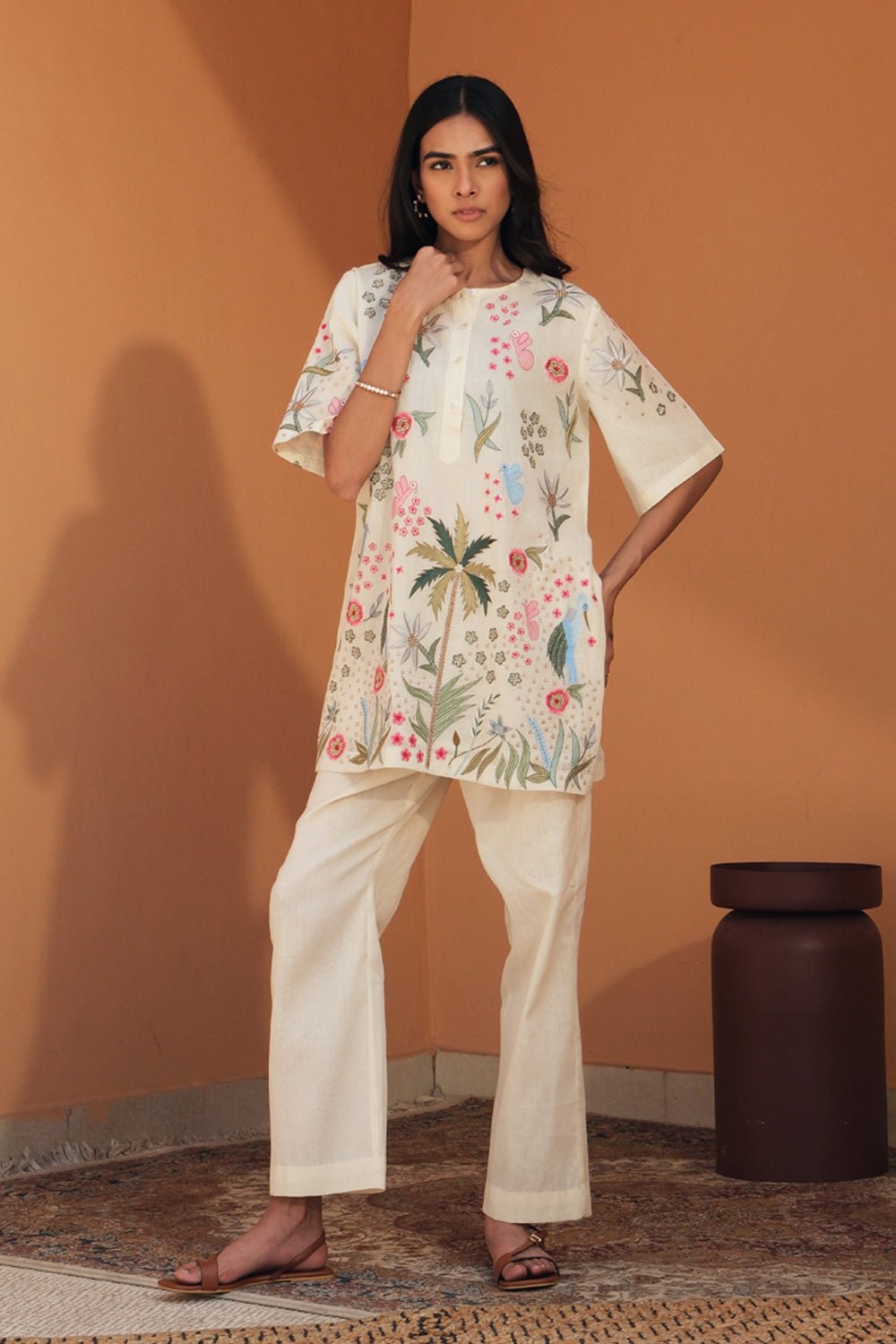 Ivory Embroidered Tunic and Wide-Leg Pants Co-ord Set