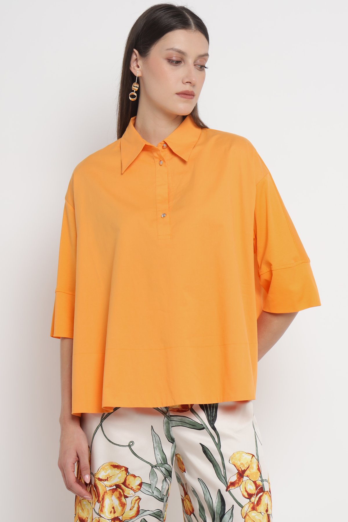 Tangerine Collared Half-Placket Boxy T-Shirt