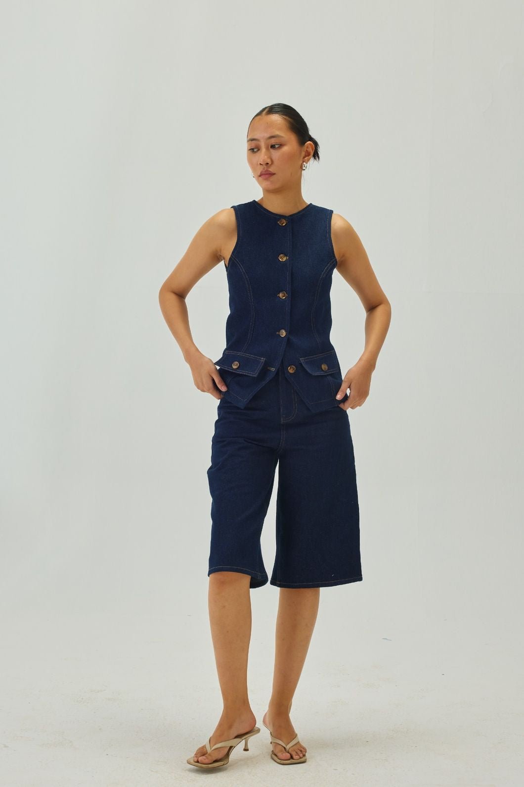Blue Denim High-Rise Straight Bermuda Shorts