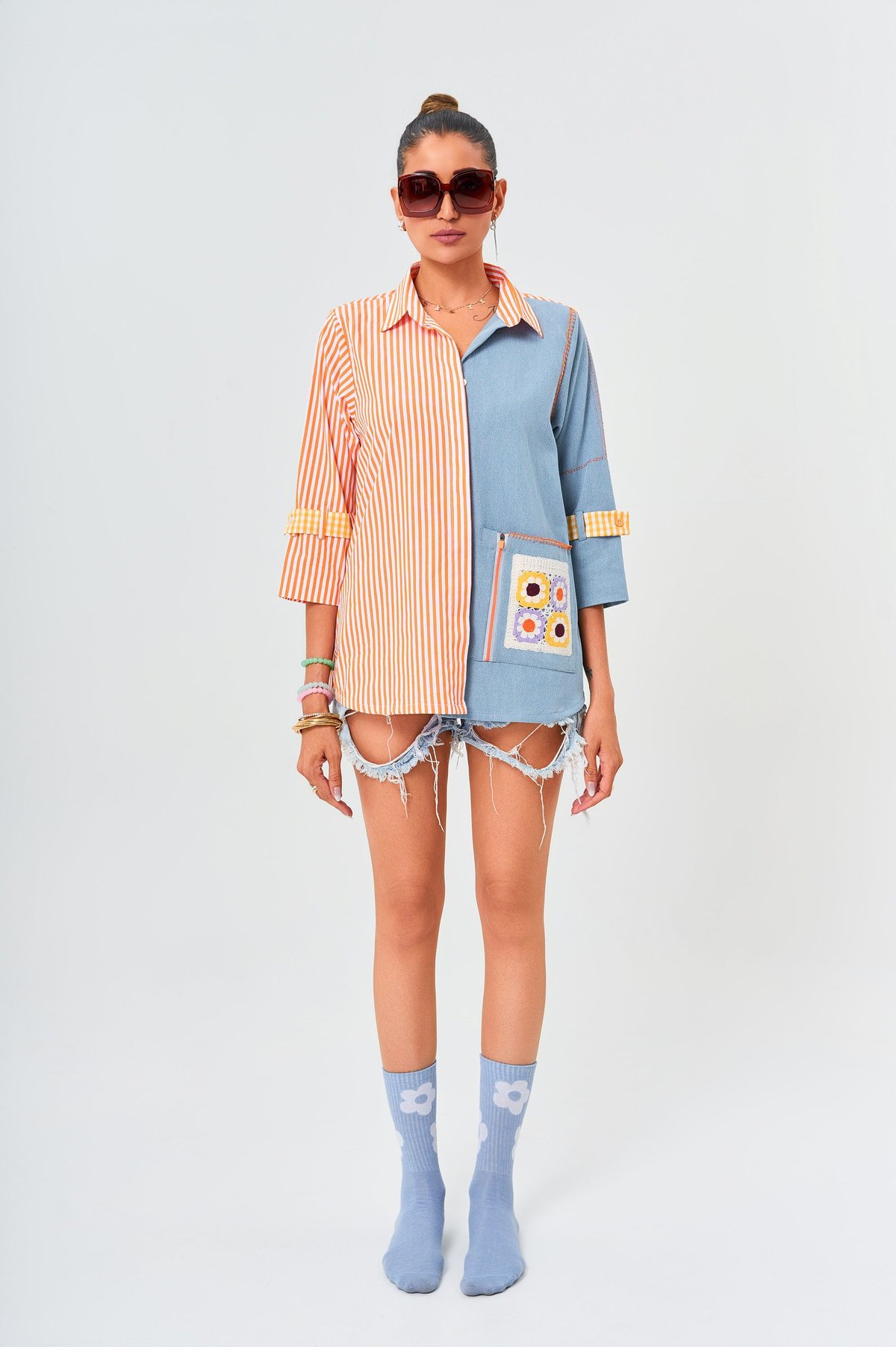 Orange Striped and Denim-Blue Panel Longline Shirt