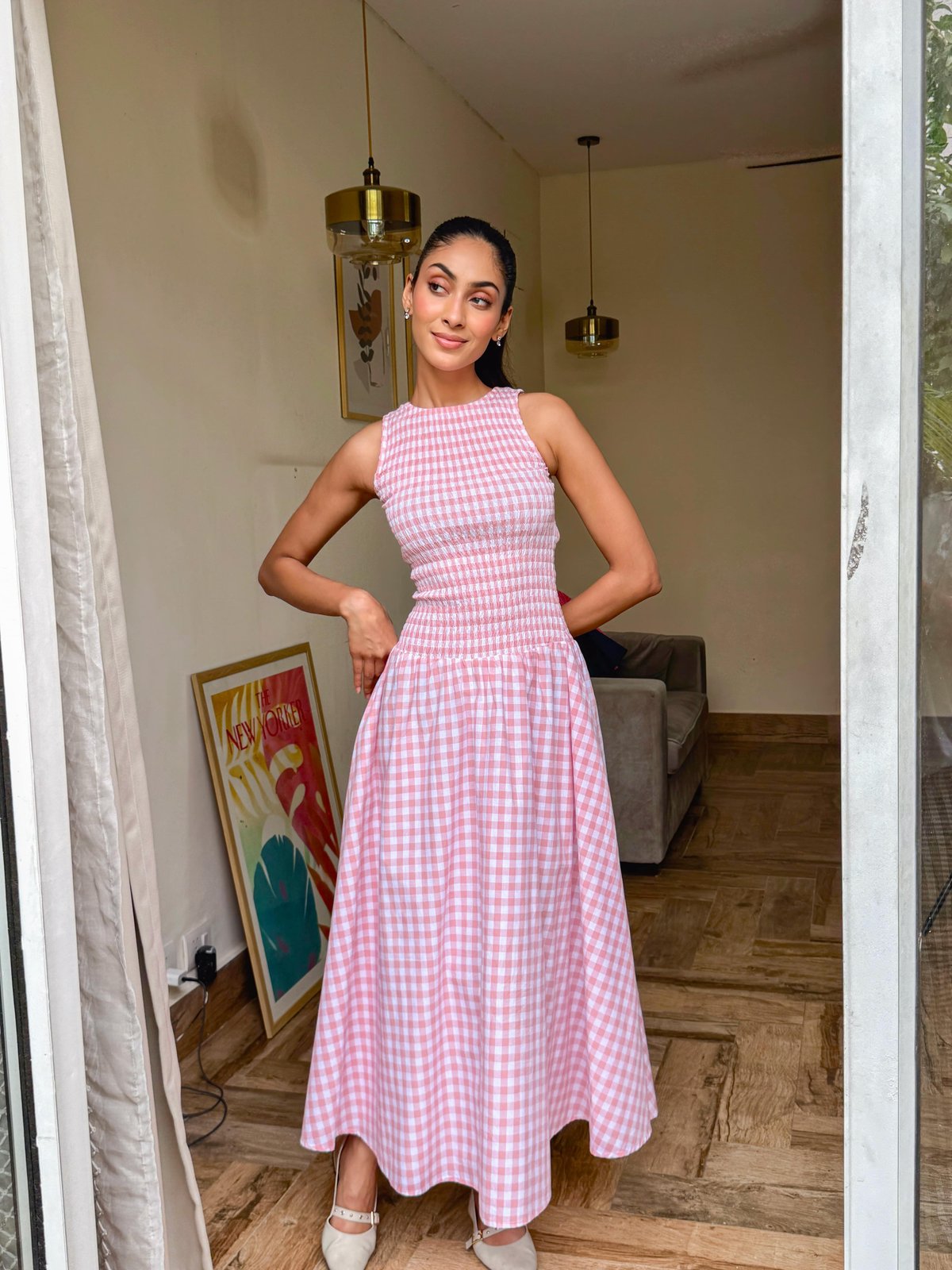 Pink Gingham Smocked Bodice Fit and Flare Maxi Dress