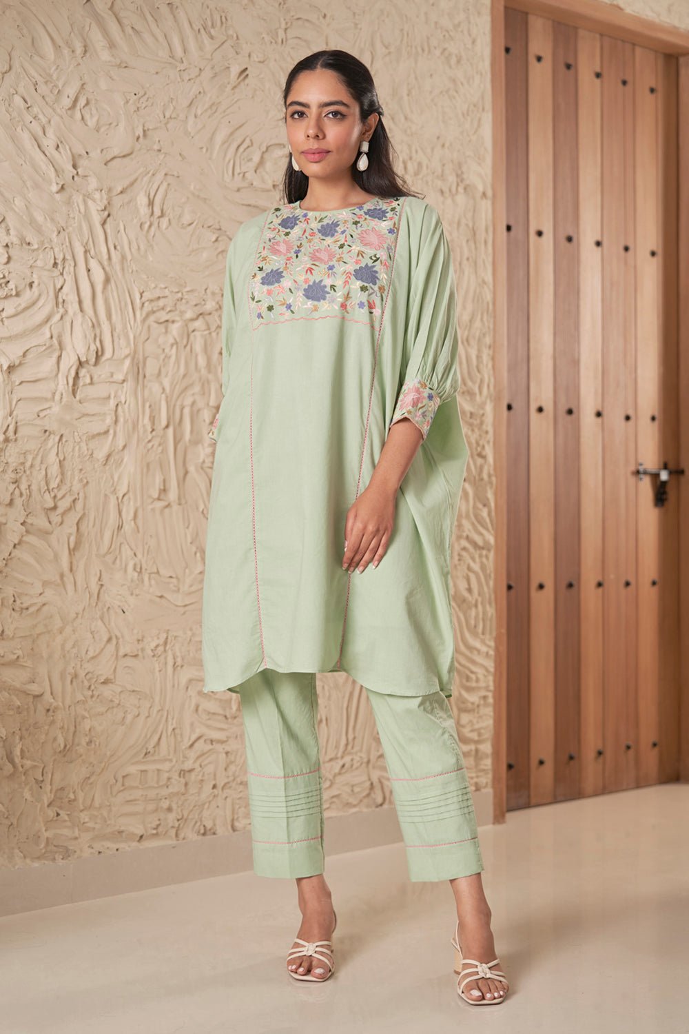 Mint Green Mul Mul Kaftan-Style Kurta Set