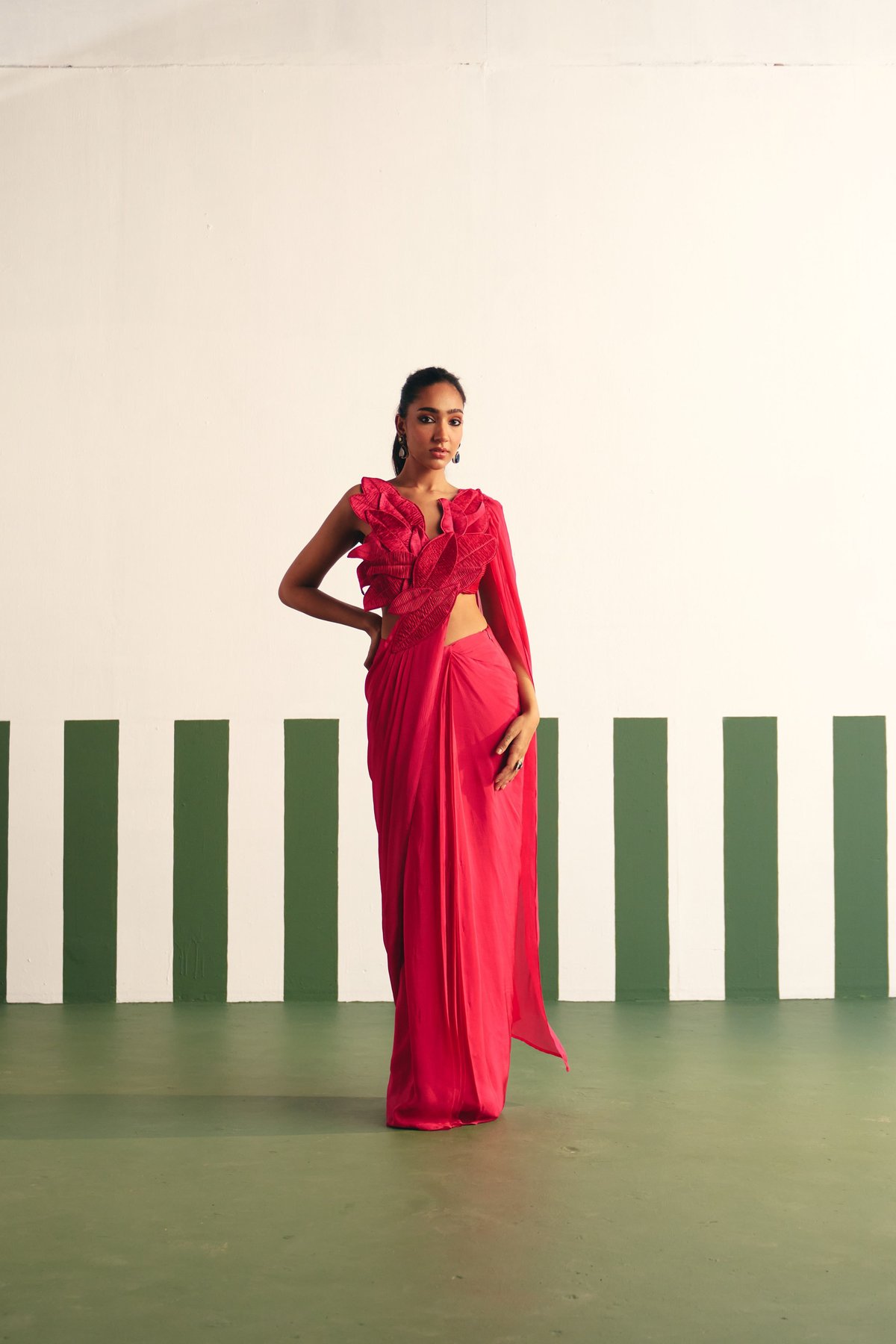 Magenta Pink Pre-Stitched Saree Set with 3D Leaf Blouse