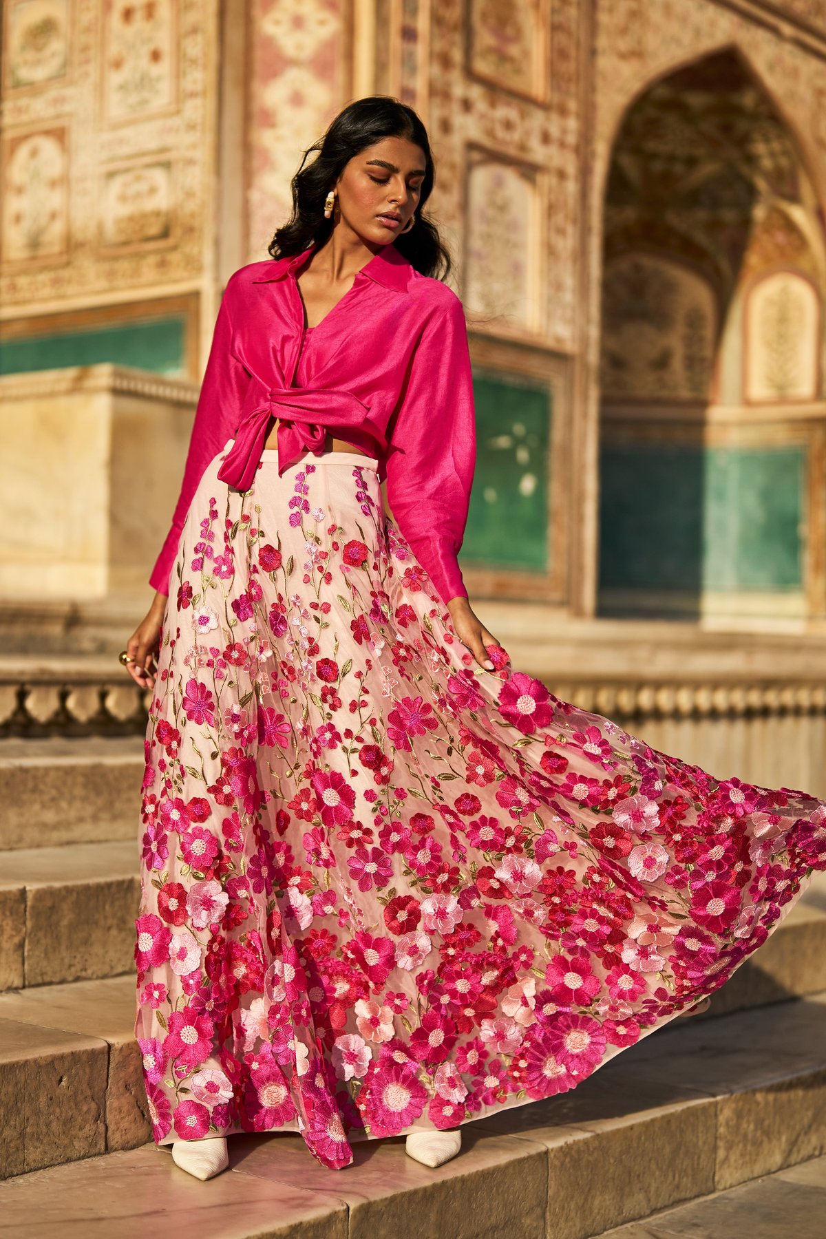 Pink 3D Floral Lace Flared Maxi Skirt