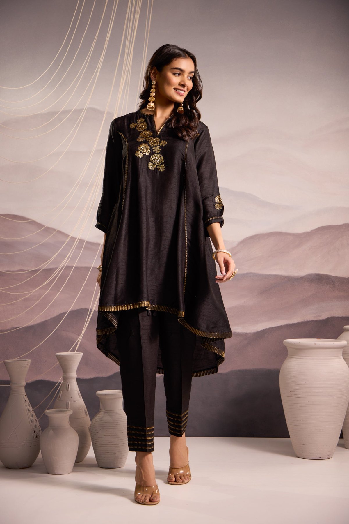 Flared High Low Silk Kurta Set
