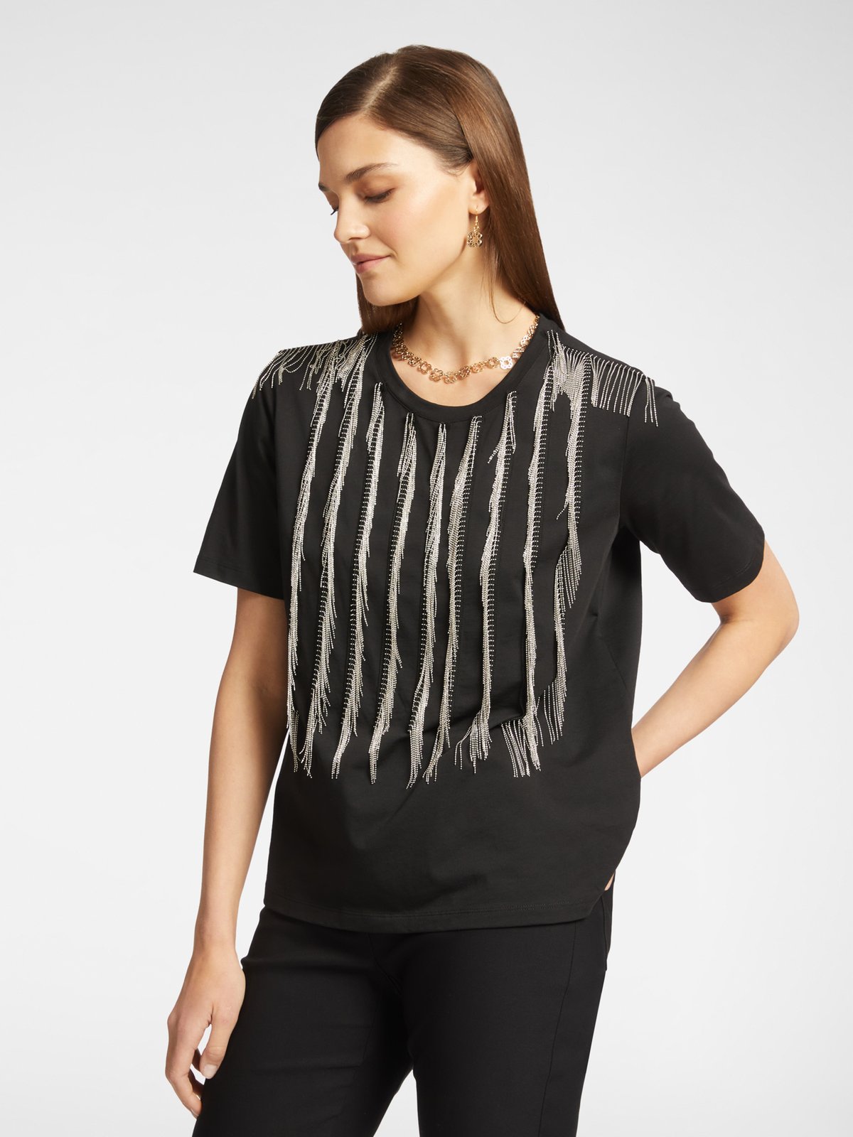 Black Cotton Jersey T-Shirt with Metallic Fringe Detail
