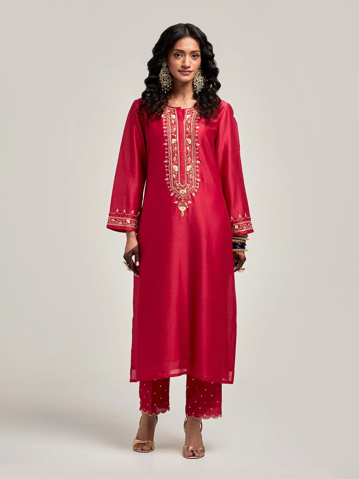 Red Silk Chanderi Embroidered Kurta Set with Pants