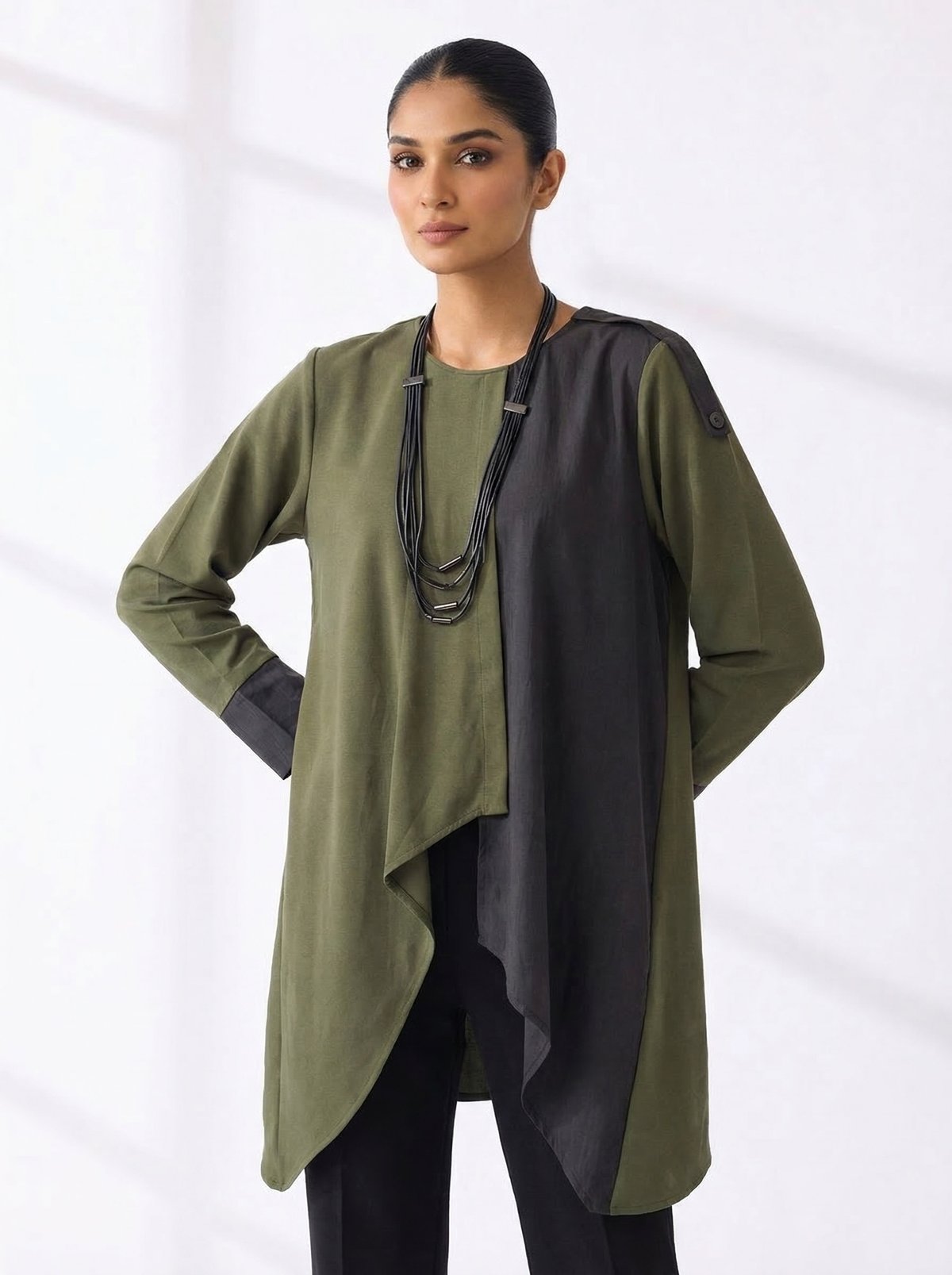Khakhi Colorblocked Asymmetrical Drape Longline Top