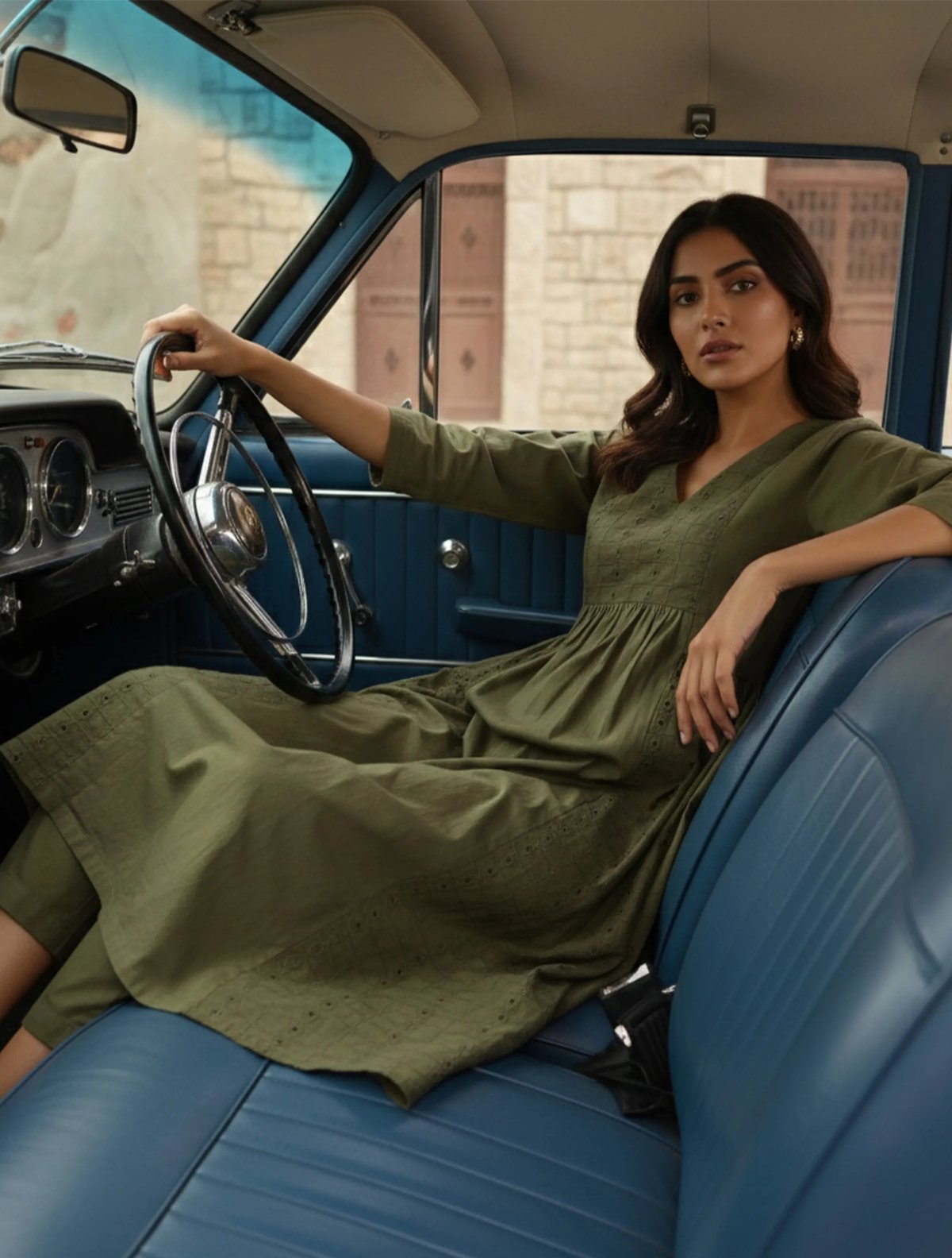 Olive Cotton Cutwork Embroidered Kurta Set