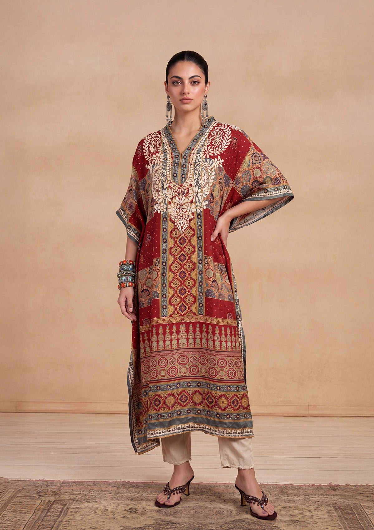 Chikankari Printed Women'S Kaftan -Rust