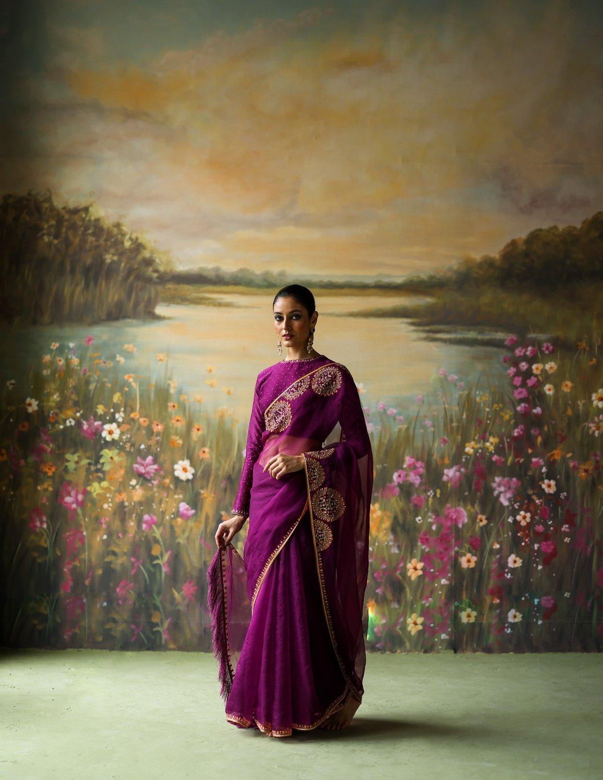 Aubergine Silk Organza Embroidered Saree Set
