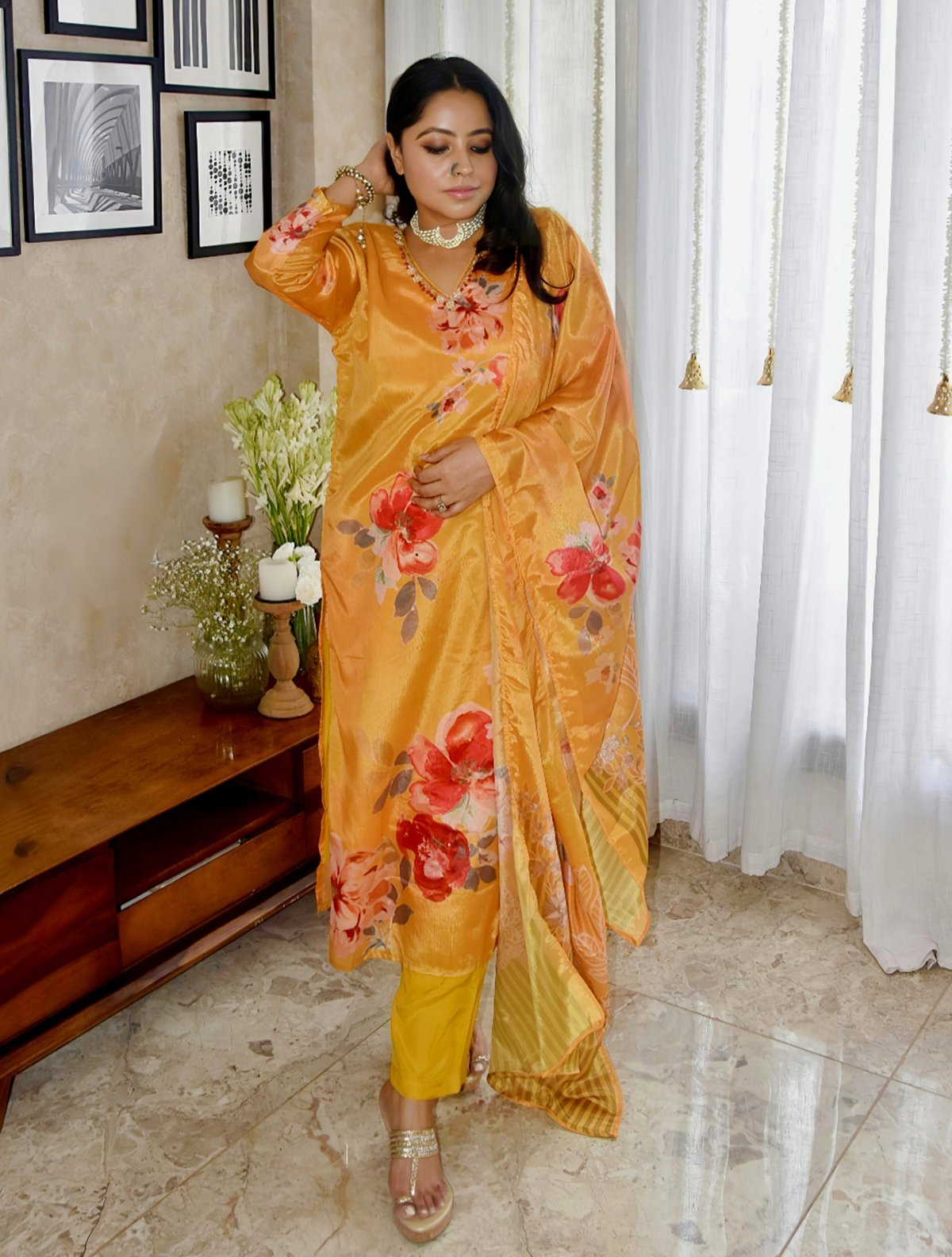 Yellow Floral V-Neck Emb Straight Kurta Pant Dupatta Set